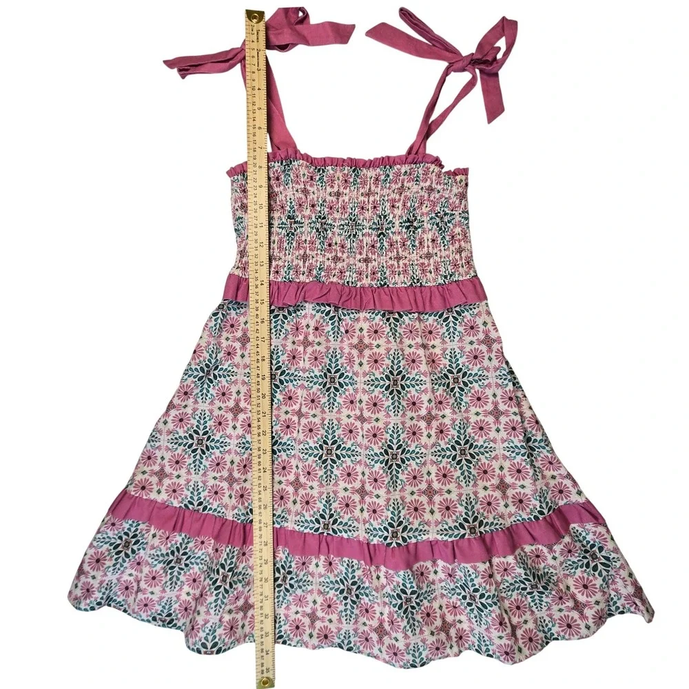 Anthropologie Joy Floral Linen Blend Tie Shoulder Smocked Ruffle Trim Dress Sz M